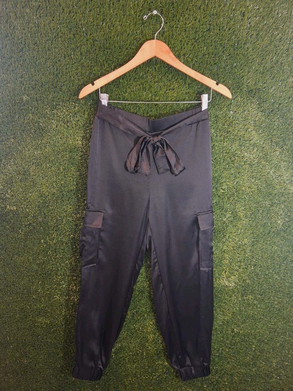 Sincerely Jules Black Satin Jogger Cargo Pants Size M Tie Waist High Rise...